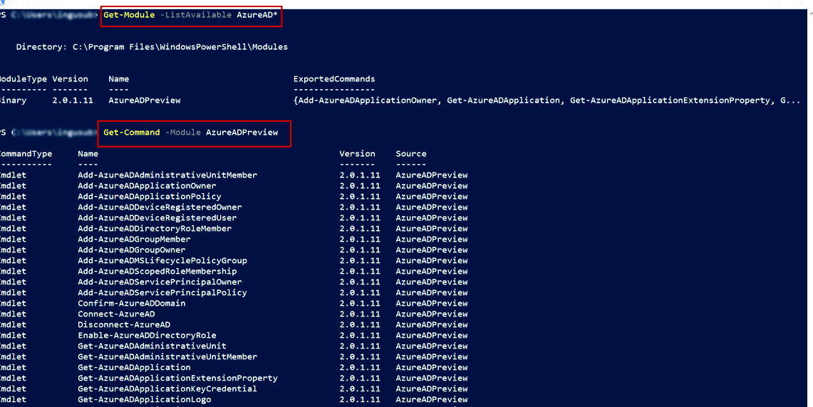 Screenshot of AzureAD Preview PowerShell Module